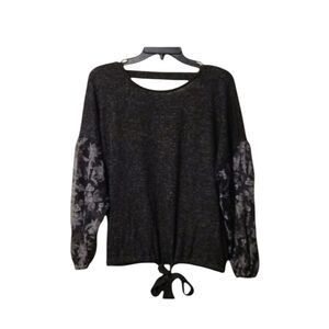 Daytrip Soft Black Sweater with Sheer White Floral Sleeves Size Small